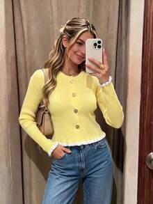 Women's Casual Cream Yellow Ruffle Collar Button Knit Sweater, Suitable For Work/Office Occasions, Autumn - Yellow - View 11