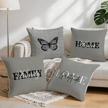 4 piezas Fundas de almohada con patrón de texto minimalista y acogedor sin rellenos, fundas de almohada impresas en un solo lado, adecuadas para sala de estar, dormitorio, decoración del hogar, fundas de almohada para todas las estaciones - Multicolor - Ver 9