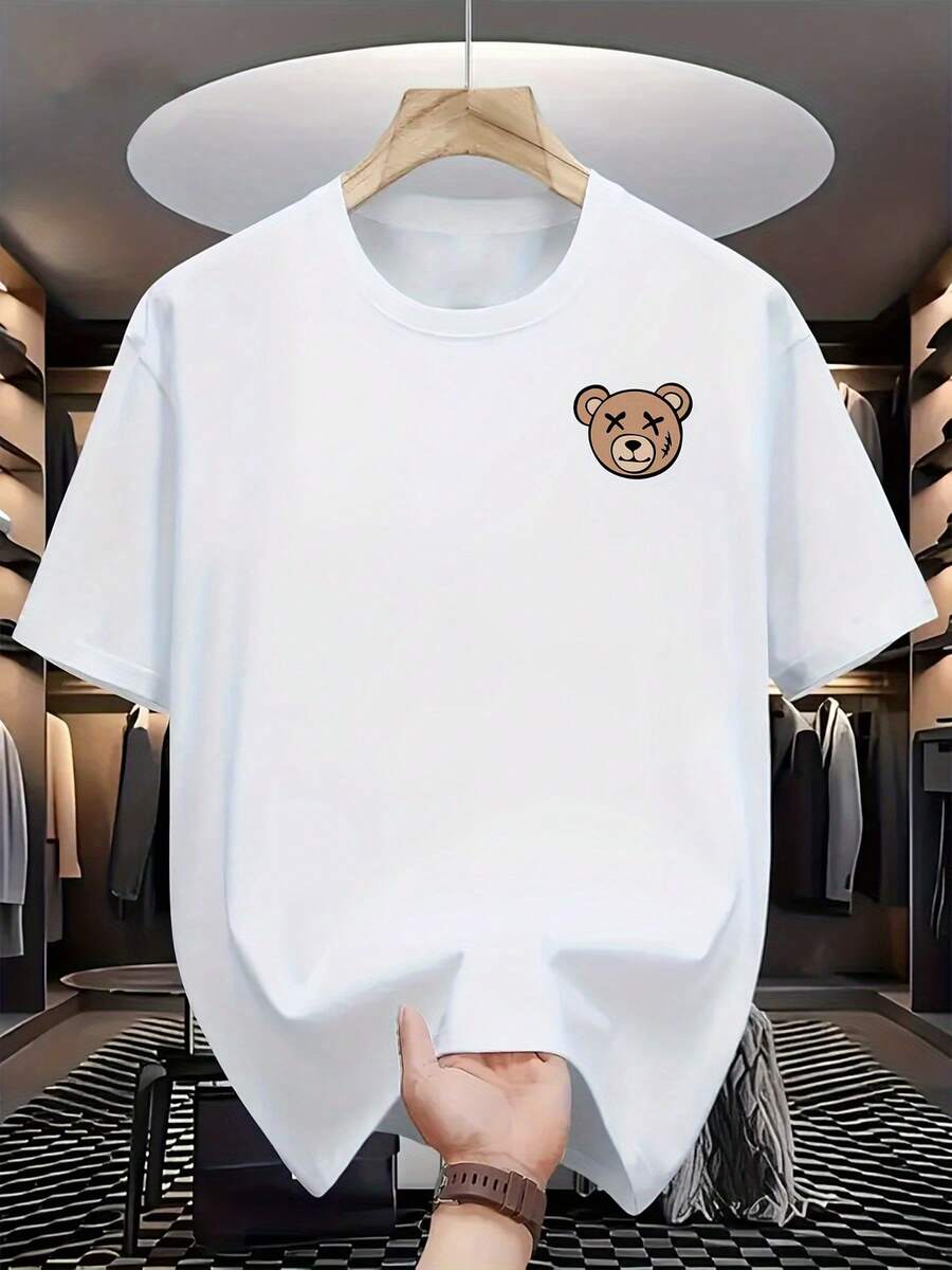 Unisex Fashion Casual Round Neck T Shirt,With Bear Pattern,95% Polyester Fiber 5% Elastic Fiber Knitted Fabric,Adult Regular Fit For Summer T Shirt - White - View 1