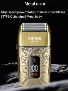Kemei 男士專業電動刮鬍機 鬍鬚修剪器 三浮動刀頭 USB充電式面部刮鬍刀 乾濕兩用 LED顯示 理髮店震盪式刮鬍機 可拆卸刀頭易於清潔 1400mAh大容量長效電池 - 彩色 - 查看 3
