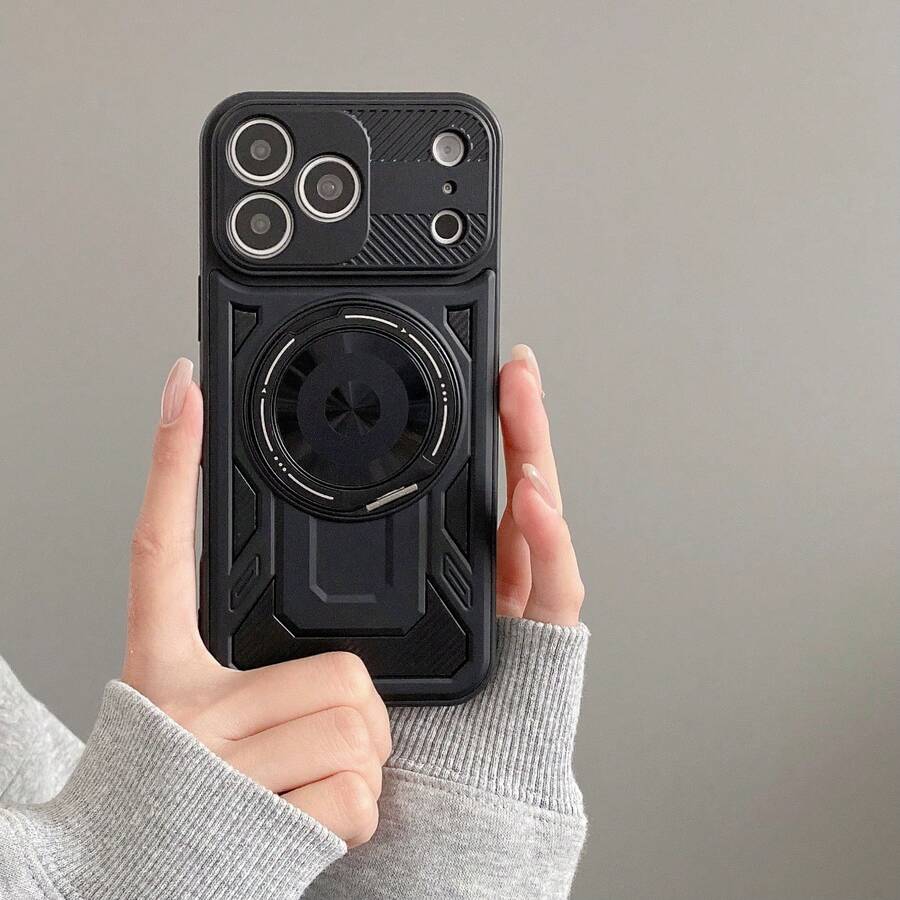 Order & Follow Store To Get Free Lanyard, 360° Rotating Stress Relief Phone Case With Mecha Style Magnetic Car Mount Stand, Anti-Drop Phone Case + Hand Strap Phone Case / Compatible With Apple 17 Pro Max/16 Pro Max/15 Pro Max/14 Pro Max/13 Pro Max/12 Pro Max/11 Pro Max / Compatible With Samsung S26/S25/S24/S23/S22/S21/U / Compatible With Xiaomi/Honor/ - Black - View 1