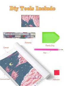 5D DIY 鑽石畫套件 粉色油畫風 月亮與粉色雲朵 適合成人 海報牆飾 家居裝飾 自製牆面藝術 手作趣味 - 彩色 - 查看 3