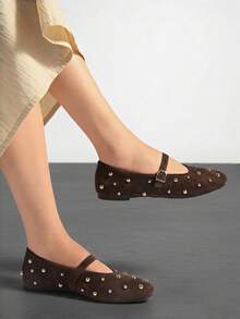 2026 New Women's Gold Rivet Buckle Mary Jane Flat Shoes, Plus Size Vintage Daily Commute Women's Shoes - Brown - View 4