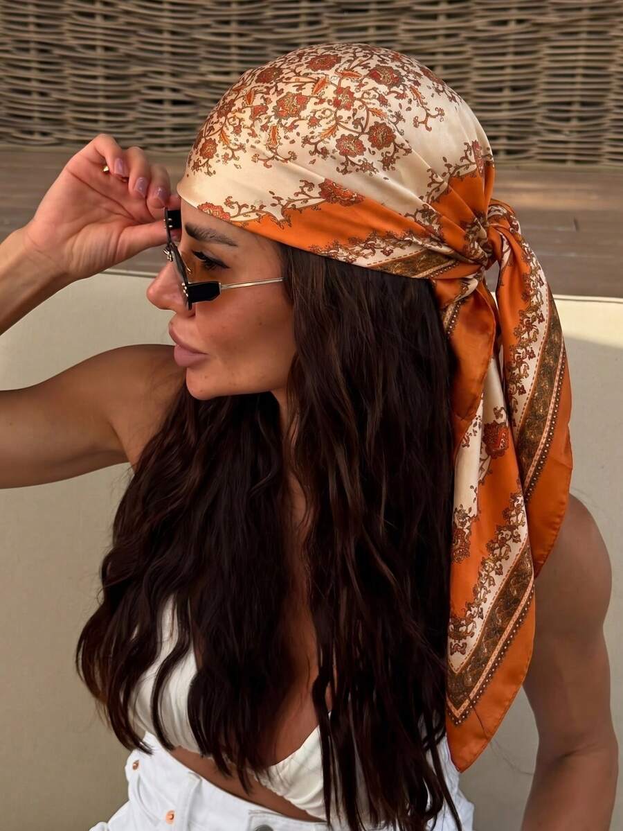 1PC Women's Bandana Casual Paisley Print Scarf/Square Scarf, Fashionable Wrap Summer Beach Hair Accessory, Suitable For Island, Beach, Vacation - Orange - View 1