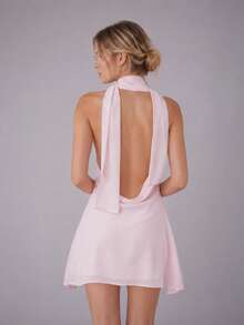 Women Halter Neck Mini Dress Solid Color Scarf Backless Sleeveless Dress - Pink - View 2