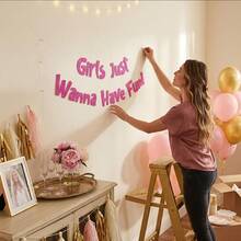 Pancarta de purpurina rosa neón "Just Wanna Have Fun", decoraciones para despedida de soltera, pancarta colgante para fiesta de novia, suministros para fiesta de cumpleaños, decoraciones para fiesta de pijamada, decoraciones colgantes de papel, decoración de vida nocturna, suministros para fiesta de festival, accesorios para fotos - multicolor - Ver 4