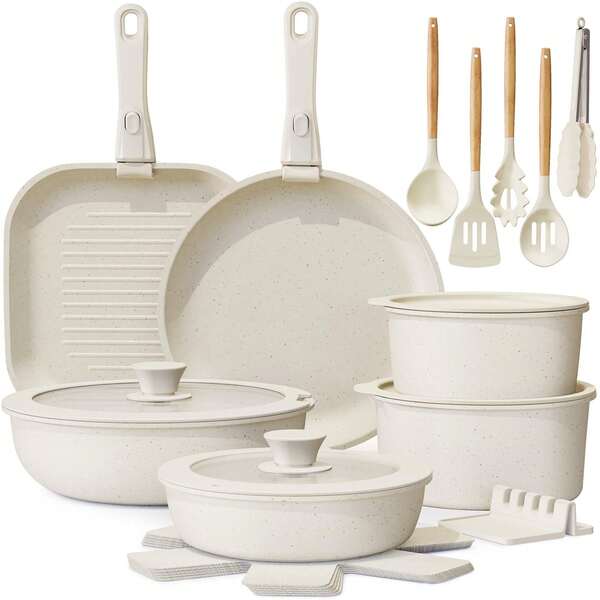 Astercook AS20222 22 Piece Ceramic Nonstick Cookware Set With Detachable Handles - New