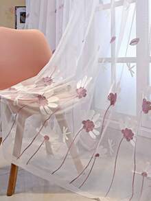 1件韓式溫柔風雛菊刺繡透視窗簾，羅紋口袋式，飄落花瓣與蜻蜓圖案裝飾薄紗窗簾 - 彩色 - 查看 8