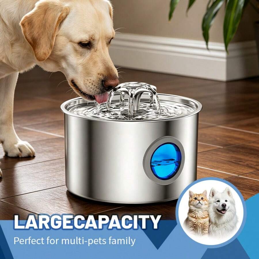 3.2L Stainless Steel Pet Water Fountain, Silent Pump Circulation Filter Cat Dog Water Dispenser, Easy Clean Automatic Water Feeder For Multi Pets No Battery Needed - 3.2L - View 1