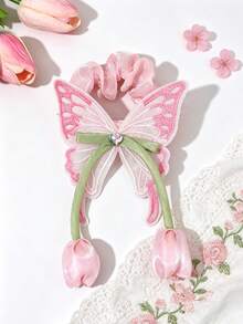 1 pièce Élastique à cheveux tulipe, jolis chouchous pour queue de cheval, papillon fairycore pour filles étudiantes, rentrée scolaire, vie de campus, vacances, accessoire de cheveux fairy girl - Multicolore - Voir 2