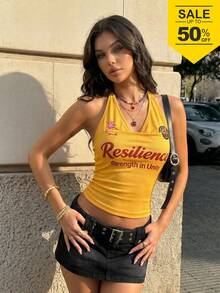 女款休閒西班牙風透視網紗垂領露背貼身短版背心，春夏女裝，世界盃 - 黃色 - 查看 1
