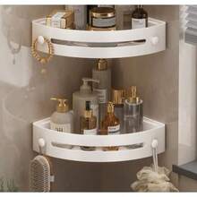 Rust-Proof Plastic Corner Shower Caddy - Wall-Mounted Curved Design Shampoo, Cosmetics And Toiletries Storage Rack, Space-Saving Storage Shelf, Suitable For Small Bathroom, Toilet, Kitchen, Dorm, Bedroom, Suitable For Back To School, Independence Day, Suitable For Christmas Gift, Halloween Gift - Multicolor - View 8