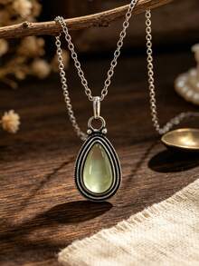1pc Vintage Bohemian Pomegranate Stone Pendant Necklace, Women's Creative Exquisite Carved Red Personalized Necklace Jewelry Accessory - Light Green Water Drops - View 10