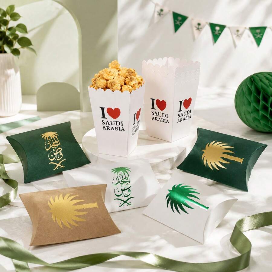 18 buah Kotak Popcorn Pesta Hari Nasional Arab Saudi, Kotak Permen Motif Pohon Palem Arab, Kotak Hadiah Camilan Pesta Liburan - MultiWarna - View 1