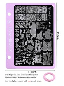 7Pcs Nail Stamping Plates Set With Pink Alloy Buckle, Stainless Steel Nail Art Template With Cherry Blossom Plaid Check Lace Mesh Heart Bow Music Note Pattern, Sweet Y2K Girly Nail Stamp Plate With Metal Rings For Salon DIY Manicure Accessories - Multicolor - View 17