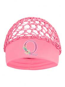 Floral Embroidered Letter Mesh Cap For Women - Personalized Initial Alphabet Elastic Wide Band Hair Bonnet, Crochet Hollow Out Night Sleep Hat - Pink - View 12