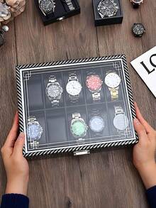 2/3/6/10/12 Slots Carbon Fiber Texture Multi-Grid Watch Storage Box, Transparent Visible Dust-Proof Watch Display Box, Large Capacity Watch Storage Box For Home Vanity, Travel And Watch Collection - Multicolor - View 8