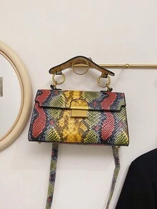 女款彩色蛇紋PU皮革小方包，金色五金，頂提手斜跨單肩包，適合派對與日常使用（附贈禮品袋） - 彩色 - 查看 8