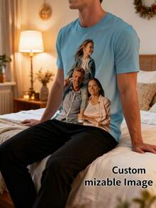 Custom Photo Men's Short Sleeve T-Shirt, Family Photo Print Pattern Casual Home Top, Christmas Birthday Gift For Dad, Husband, His Gift - Mint Blue - View 3