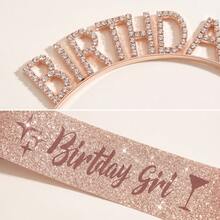 2Pcs Rose Gold Birthday Girl Rhinestone Tiara & Glitter Sash Set Women Princess Crown Headband Party Decorations Gift - Champagne - View 7