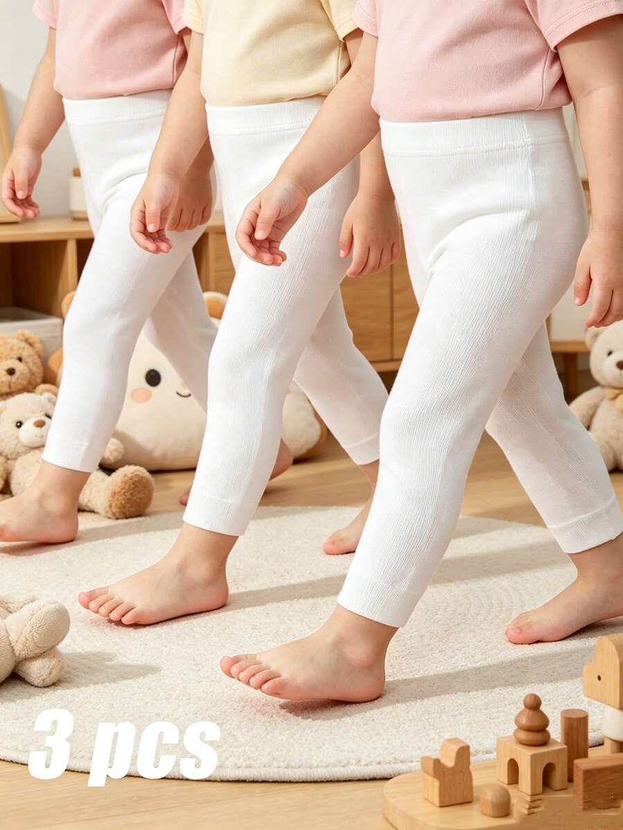 3 Pairs Solid Color Minimalist All-Season 9/10 Length Leggings For Baby Girls, Suitable For Daily Wear - White - View 1