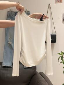 Atasan Dalaman Lengan Panjang Bahu Asimetris Gaya Seksi, Atasan Lapisan Dalam 2 In 1 Estetika Niche, Kaos Kasual Putih - Putih - View 1