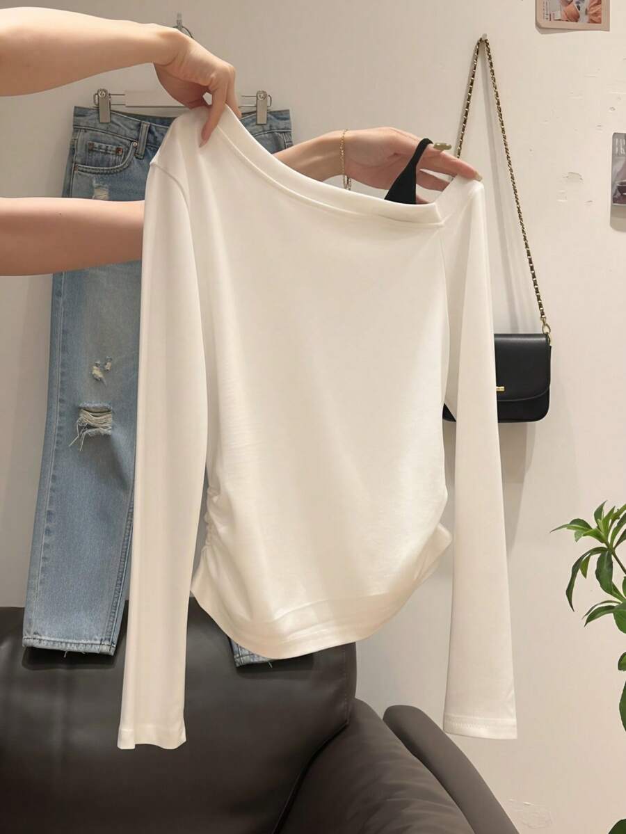 Atasan Dalaman Lengan Panjang Bahu Asimetris Gaya Seksi, Atasan Lapisan Dalam 2 In 1 Estetika Niche, Kaos Kasual Putih - Putih - View 1