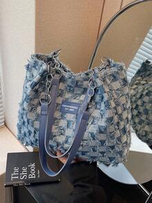 Fashion Striped Large Capacity Chain Zipper Tote - Daily Commute Shoulder Bag For Girls, Students, Office. - Blue - View 2