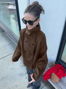 Women's New Solid Color Vintage Double-Breasted High Collar Coat, Autumn/Winter Commuter Jacket Fall - Chocolate Brown - View 6
