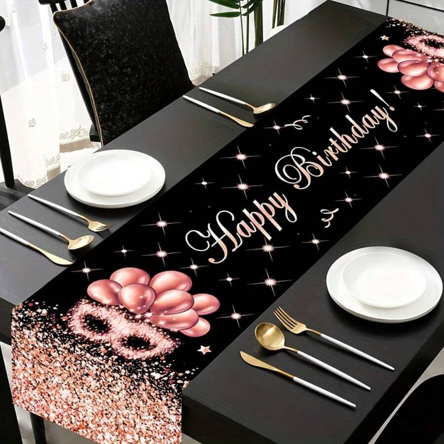Rose Gold Balloon Theme Birthday Table Runner - 70.8" X 13.8" Polyester Fabric, Heat Transfer Print Design, Suitable For Elegant Celebrations - Multicolor - View 1