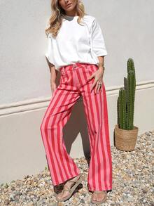 New Fashion Striped Women's Long Pants, Vacation College Daily All-Season Color-Block Trousers - Pink Stripes - View 7