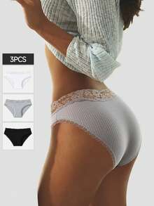 HOTCOM 3pcs Multicolor Lace Patchwork Ribbed Women's Triangle Panties, Casual Comfortable Cotton Women's Underwear, Soft Bodycon Women's Lingerie - Multicolor - View 3