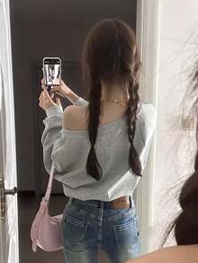 Women's Letter Print Asymmetrical Shoulder Casual Versatile Daily Long Sleeve Sweatshirt - Grey - View 2