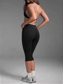 1pc Solid Color Tummy Control Butt Lifting Shaping Mid-Length Sports Shorts Black - Black - View 7