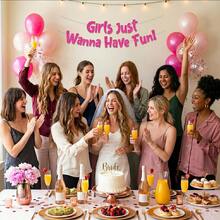 Pancarta de purpurina rosa neón "Just Wanna Have Fun", decoraciones para despedida de soltera, pancarta colgante para fiesta de novia, suministros para fiesta de cumpleaños, decoraciones para fiesta de pijamada, decoraciones colgantes de papel, decoración de vida nocturna, suministros para fiesta de festival, accesorios para fotos - multicolor - Ver 3