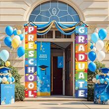 2pcs Preschool Graduation Banner, Rainbow Gradient Color With Graduation Cap, Book, Globe Pattern, Preschool Graduation Decoration, Graduation Ceremony Decoration, Classroom Door Hanging Decoration - A - View 5