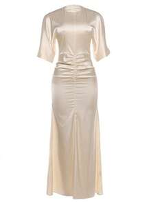 Old Money Satin Round Neck Split Short Sleeve Ruched Waist Mermaid Maxi Dress Elegant Wedding Guest Formal Evening Gown - Apricot - View 5