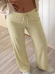 Pantalones rectos a rayas de estilo Y2K para mujer, con cintura con cordón, ideales para looks de calle, ir al trabajo, citas y ropa de estar en casa de verano. - amarillo - Ver 1