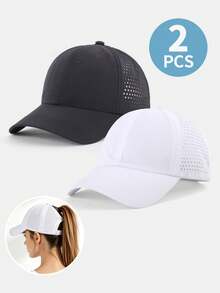 2 piezas Gorras de béisbol con agujero para coleta alta, gorras deportivas de malla perforada de secado rápido, gorras ajustables con protección solar y visera de pato - 2 piezas de secado rápido y transpirables - Ver 6
