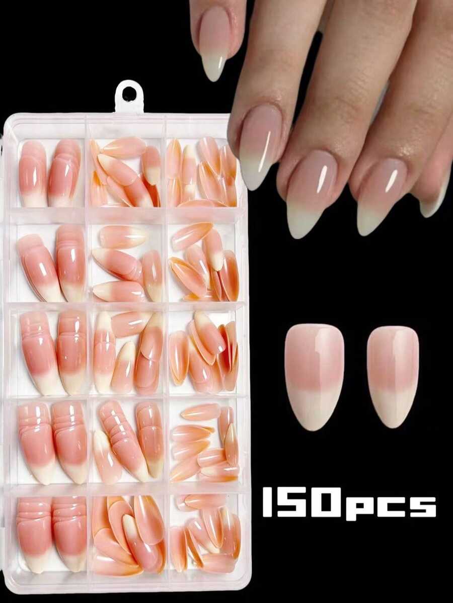 150pcs/1box Medium-Long Almond Shaped Pink And Cream Yellow Gradient French Manicure Nail Stickers, Minimalist French Nail Sticker Design, Medium-Long Almond Shaped Fake Nails, 15 Sizes Press-On Fake Nails, DIY Nail Art Design, Full Nail Coverage - Multicolor - View 1