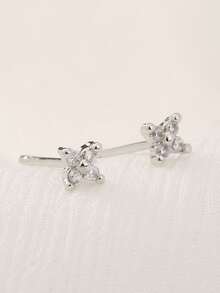 Mini Flower Four-Leaf Clover Zirconia Stud Earrings - Silver - View 3