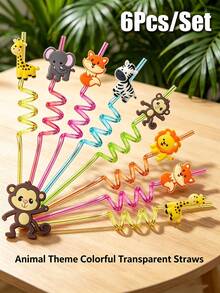 6pcs/Set Creative Multi-Color Transparent Animal Themed Straws, Reusable Jungle Animal Plastic Straws | Suitable For Lion, Fox, Zebra, Giraffe Wildlife Zoo Birthday Party Supplies, Forest Party Gift Decoration - View 2