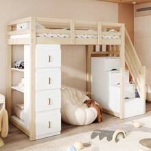 Loft Bed 90 X 200 Cm With Storage Drawers, Multi-Tiered Shelf, Ladder. With Storage Drawers. - Wood - View 6
