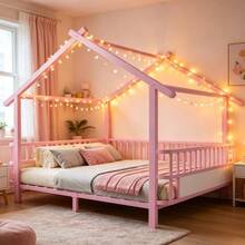 Metal Children's Bed In The Shape Of A House, 140 X 200 Cm, With Roof Design And Decorative Frame - Pink - View 6