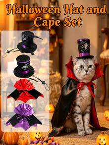 1 Set/1/2pcs Halloween Pet Costume Set, Spider Glitter Top Hat And Bat Vampire Cape, Adjustable Puppy Cat Wizard Outfit, Holiday Party Role Play Photo Prop Pet Accessories, 2 Colors Cape Optional - Multicolor - View 4