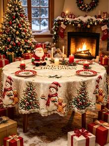 1pc Christmas Tablecloth, Gingerbread Man & Snowman Pattern Round/Oval Tablecloth, Christmas Party Supplies, Merry Christmas Tablecloth, Christmas Table Center Decoration, Christmas Eve Decoration Tablecloth, Christmas Decoration, Christmas Gift, Party Gift, Christmas Home Decor, Room Decor, Kitchen Tablecloth, Christmas, Christmas Party, Halloween, 2027 New Year, New Year Gift, Winter - Retro Snowman Gingerbread Man - View 7