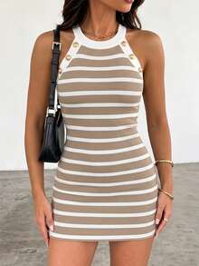 ChicMe Women's Striped Ribbed Knit Gold Button Halter Neck Sleeveless Fitted Mini Dress, Casual Outing Party Outfit - Khaki - View 9