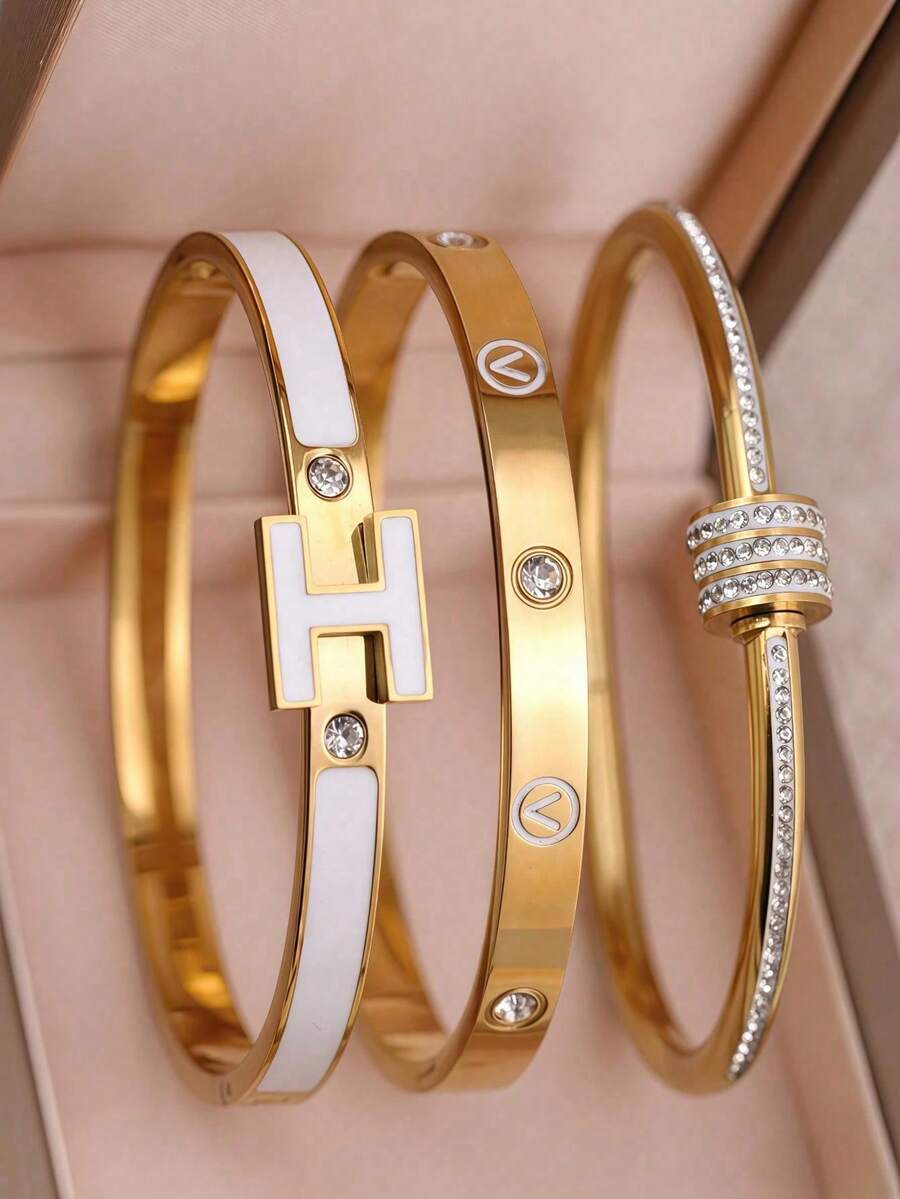 女款奢華粉色琺瑯 H 字手鍊,18K 金不鏽鋼可疊戴水晶手鍊,時尚極簡派對日常穿搭手鐲 - 金色 - 查看 1