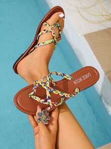 Women's Flat Sandals, Summer Vacation Style Beach Slides, Bohemian Thong Sandals - Multicolor - View 2
