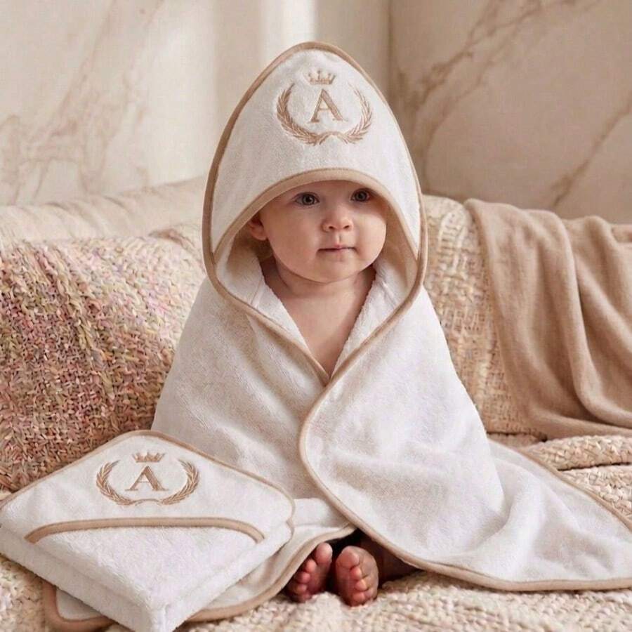 2-Piece Personalized Baby Bath Towel Set With Embroidered Initial Name, Hooded, 100% Cotton, High Absorbency, Light Brown - 小棕 - 查看 1